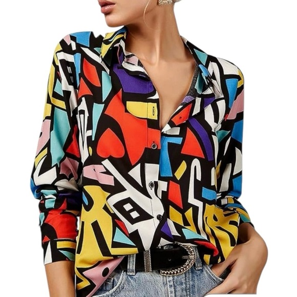BIG DART Multicolor Pop Art Geometric Button Up Long Sleeve Top sz 12 UK/ US  M - Picture 1 of 9